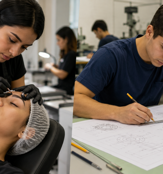 Two panel scene left shows a cosmetology student applying makeup to a clients eyelids while the client rests right shows a student drafting engineering drawings with a ruler at a workstation