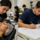 Two panel scene left shows a cosmetology student applying makeup to a clients eyelids while the client rests right shows a student drafting engineering drawings with a ruler at a workstation