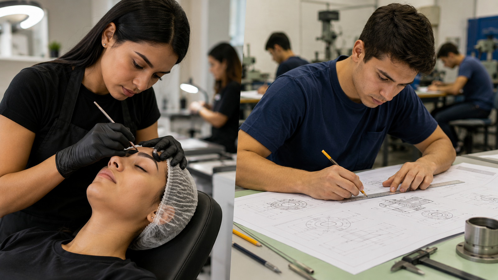Two panel scene left shows a cosmetology student applying makeup to a clients eyelids while the client rests right shows a student drafting engineering drawings with a ruler at a workstation
