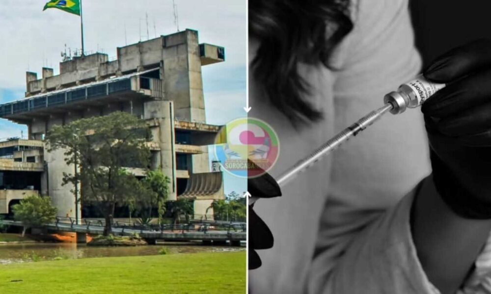 Split image left shows a large concrete government building by a pond and green space right shows a gloved hand with a syringe preparing an injection black and white photo