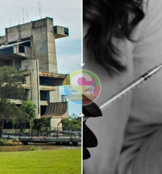 Split image left shows a large concrete government building by a pond and green space right shows a gloved hand with a syringe preparing an injection black and white photo