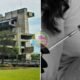 Split image left shows a large concrete government building by a pond and green space right shows a gloved hand with a syringe preparing an injection black and white photo