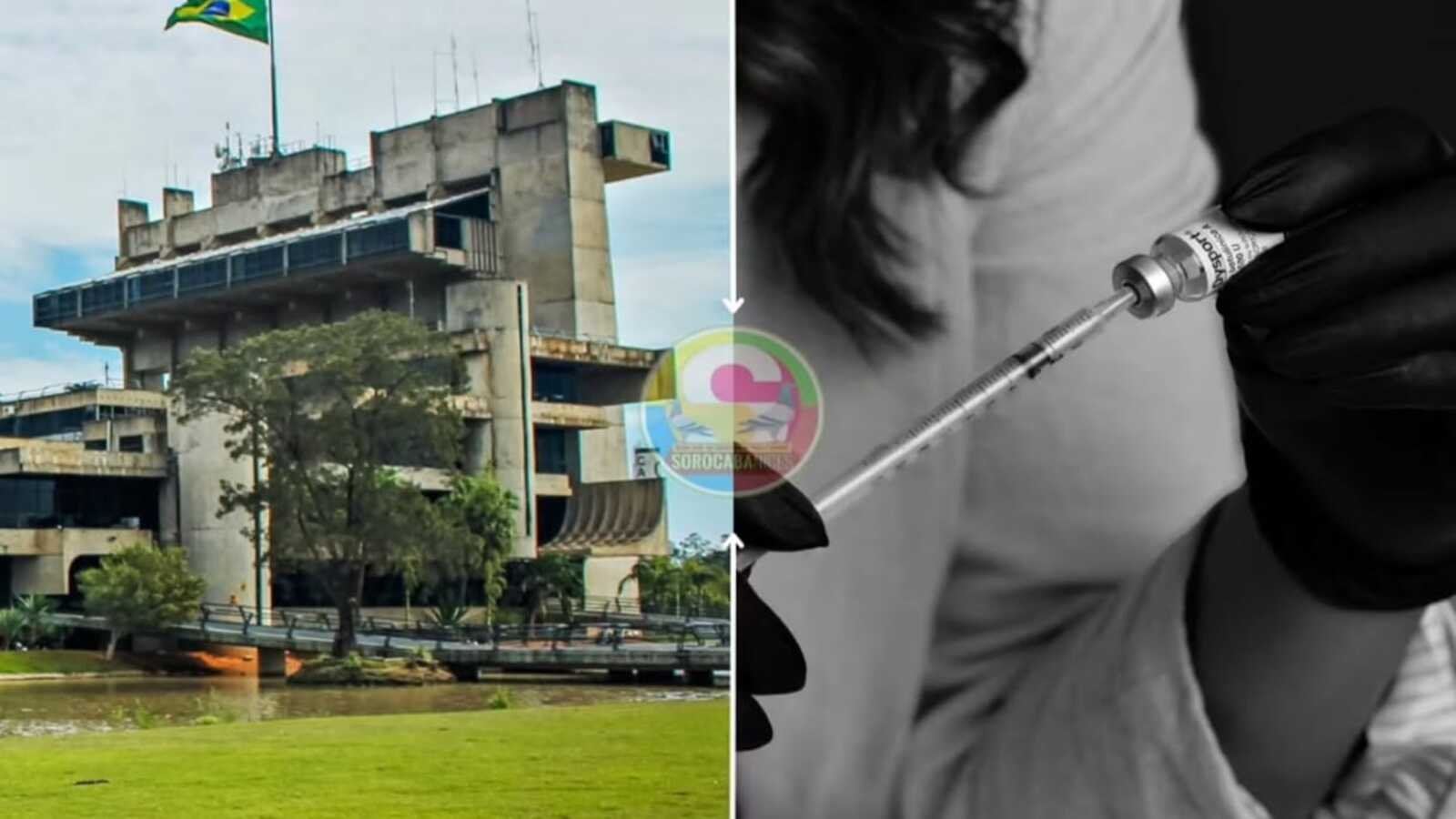 Split image left shows a large concrete government building by a pond and green space right shows a gloved hand with a syringe preparing an injection black and white photo