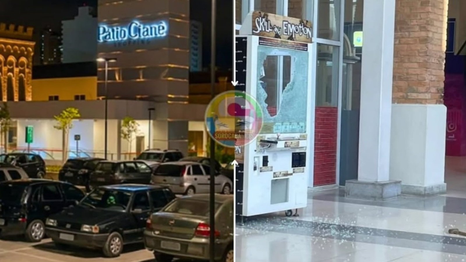 Night scene of a parking lot filled with cars with a lit building sign Patio Crane in the background and on the right a storefront with a shattered glass window and a vending machine inside the display area