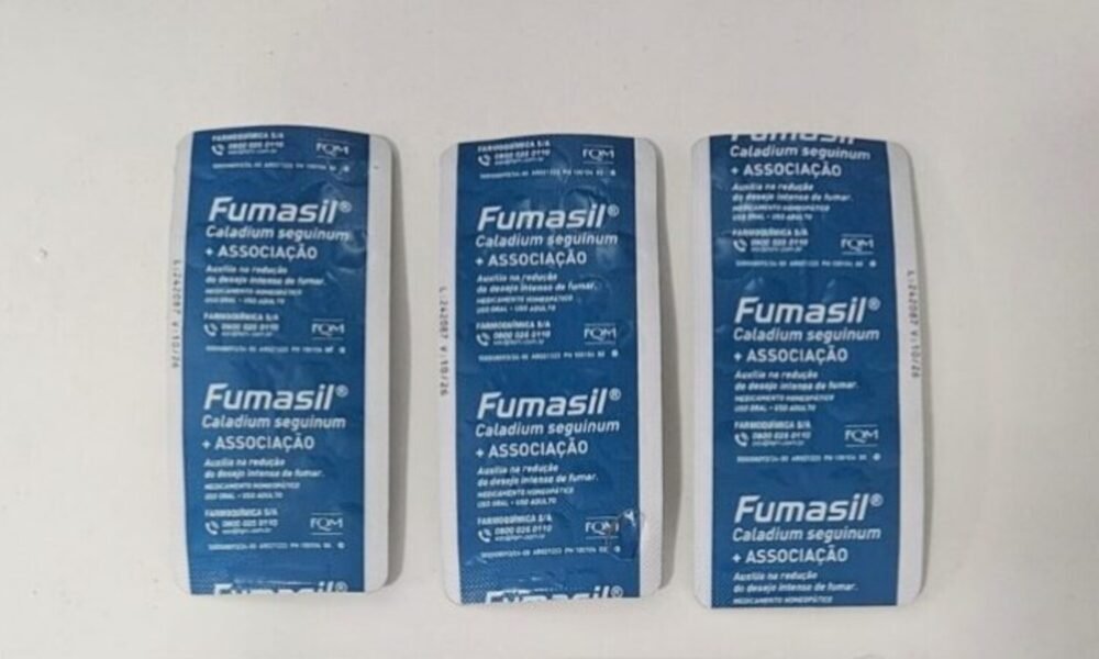 Three blue Fumasil medicine blister packs lined up on a white surface