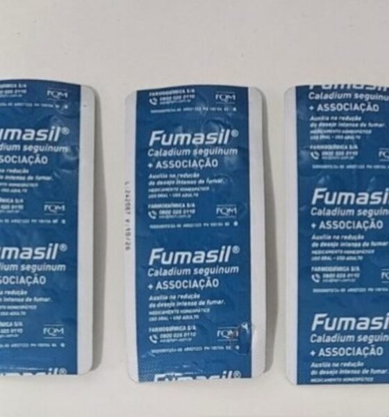 Three blue Fumasil medicine blister packs lined up on a white surface
