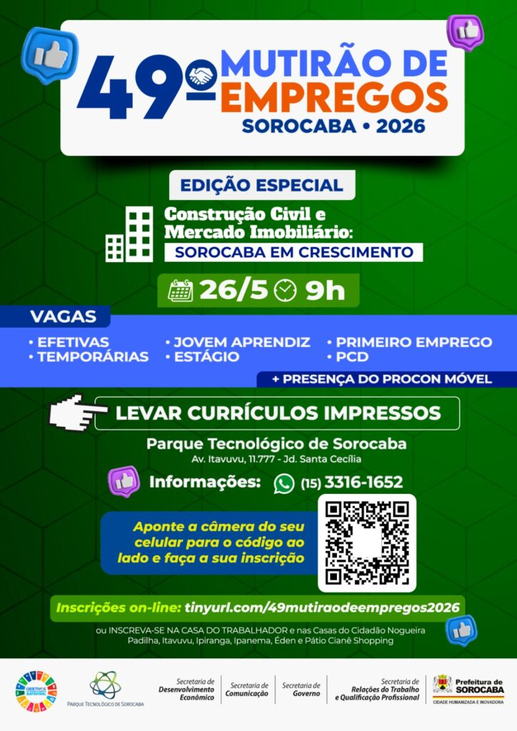 Image sorocabanices Poster promoting the th Mutirão de Empregos Sorocaba with date at h and a special edition on construction civil and real estate growth