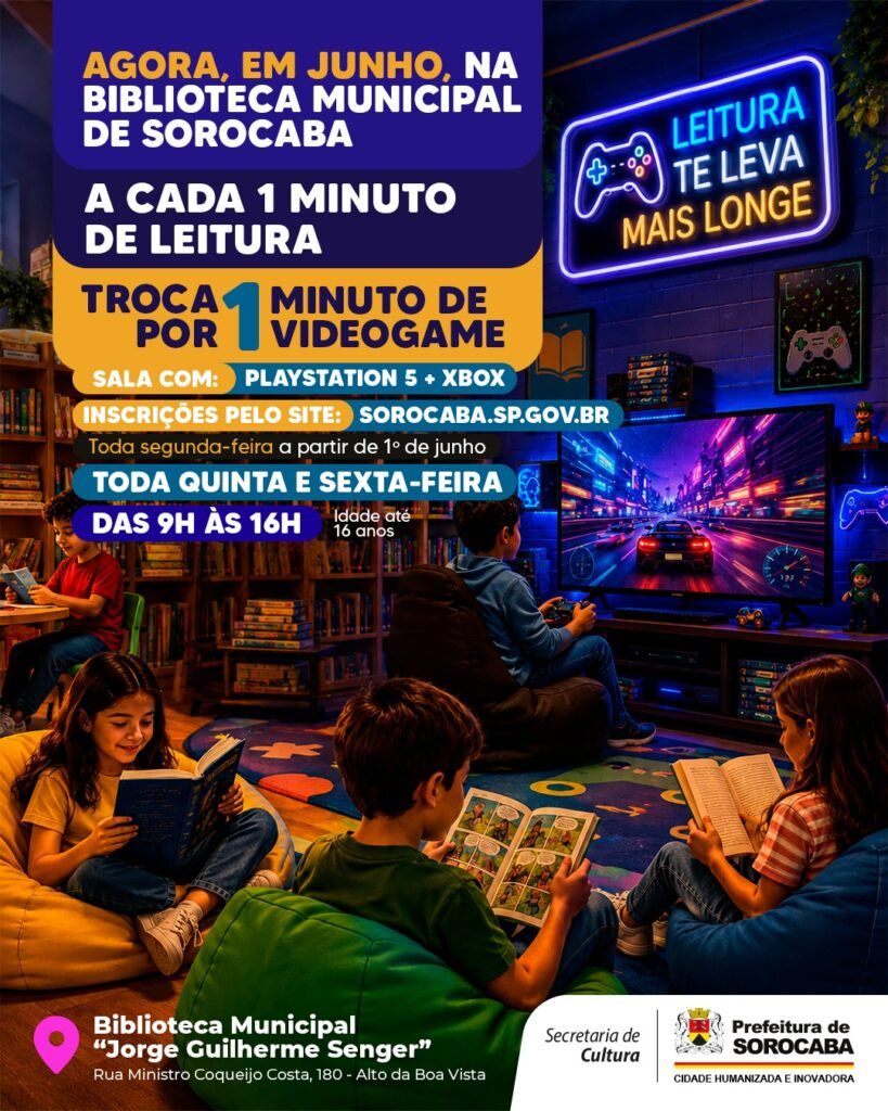 Image sorocabanices Poster promoting a reading and gaming event at Sorocabas Biblioteca Municipal featuring PlayStation and Xbox and a Leitura te leva mais longe sign