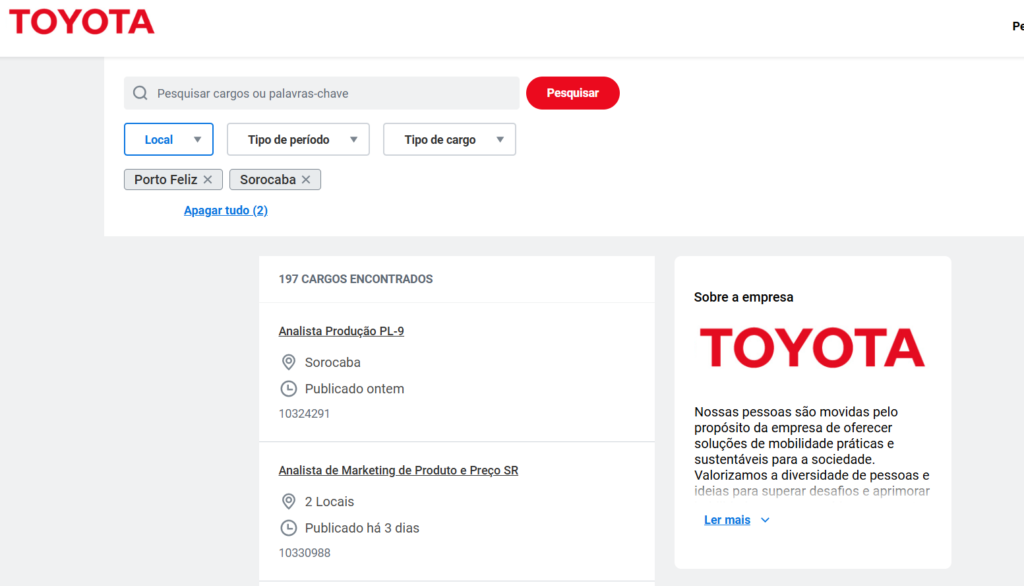 Image sorocabanices Página de busca de empregos da Toyota com campo de pesquisa filtros por local e tipo de cargo e lista de vagas Sorocaba Porto Feliz à esquerda quadro informativo sobre a empresa à direita logo Toyota no canto superior esquerdo