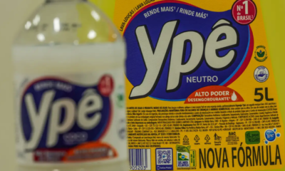 Detergent bottle labeled 'Ypê Neutro' with yellow packaging and bold blue logo, close-up on the product label