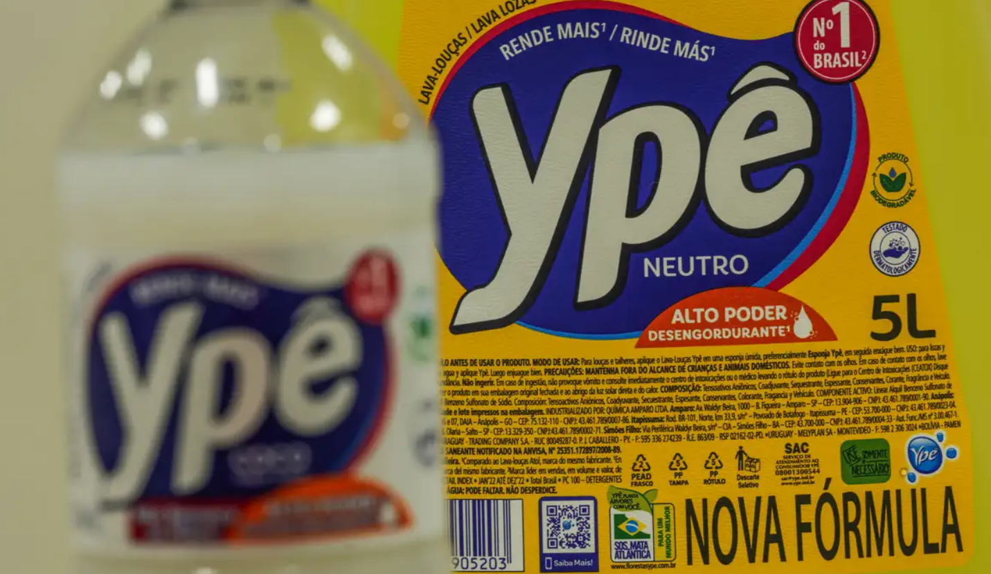 Detergent bottle labeled Ypê Neutro with yellow packaging and bold blue logo close up on the product label