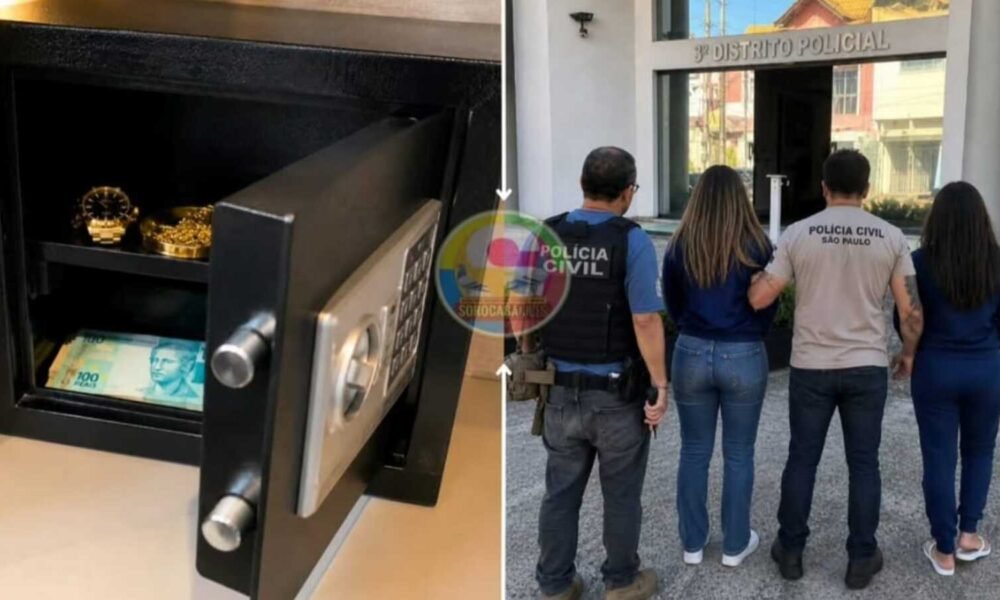 Open safe displaying cash and gold watches; outside, people stand near a São Paulo Civil Police station entrance.