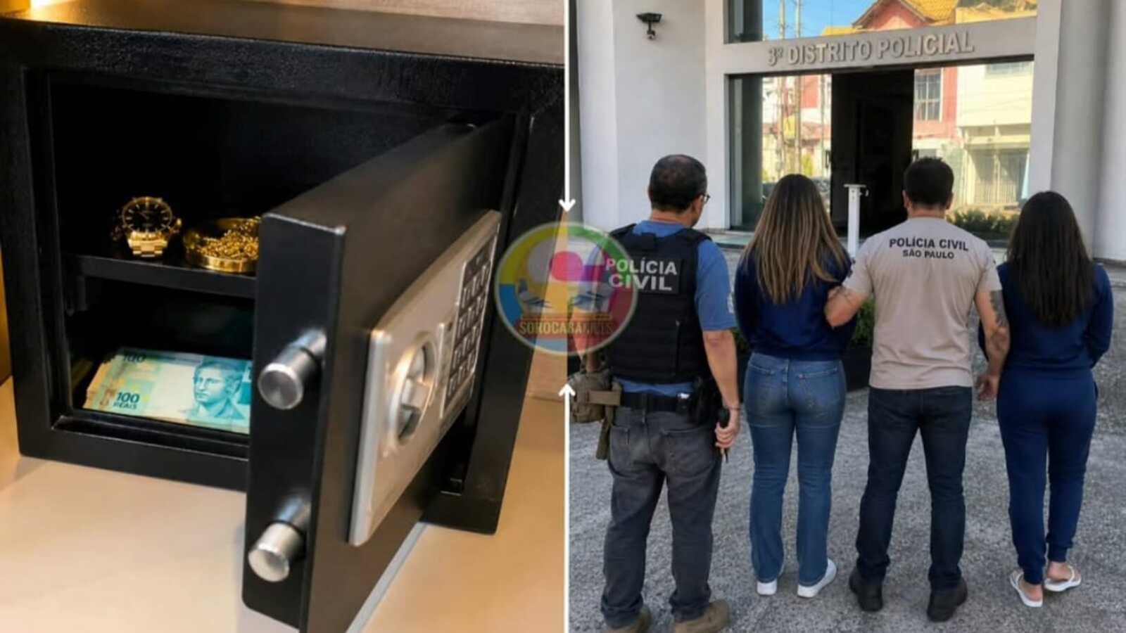 Open safe displaying cash and gold watches outside people stand near a São Paulo Civil Police station entrance