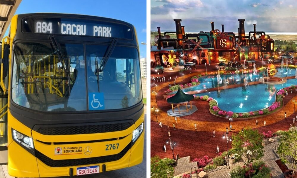 Split image: left shows a yellow city bus with wheelchair accessibility sign, destination sign reads A84 CACAU PARK; right shows a colorful outdoor amusement park with fountains and a roller coaster.