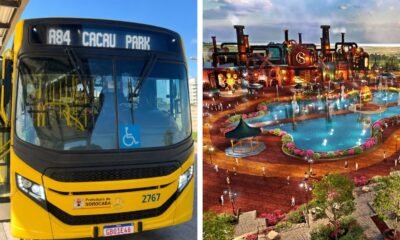 Split image left shows a yellow city bus with wheelchair accessibility sign destination sign reads A CACAU PARK right shows a colorful outdoor amusement park with fountains and a roller coaster