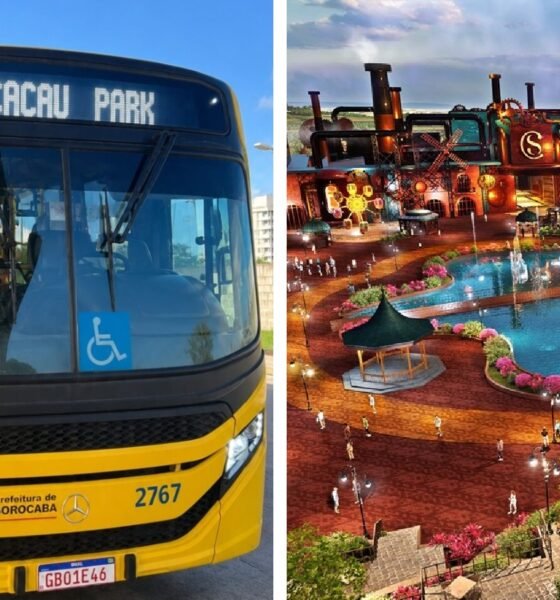 Split image left shows a yellow city bus with wheelchair accessibility sign destination sign reads A CACAU PARK right shows a colorful outdoor amusement park with fountains and a roller coaster