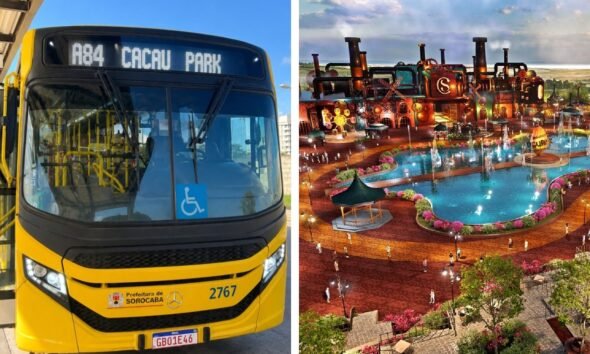 Split image left shows a yellow city bus with wheelchair accessibility sign destination sign reads A CACAU PARK right shows a colorful outdoor amusement park with fountains and a roller coaster