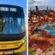 Split image left shows a yellow city bus with wheelchair accessibility sign destination sign reads A CACAU PARK right shows a colorful outdoor amusement park with fountains and a roller coaster