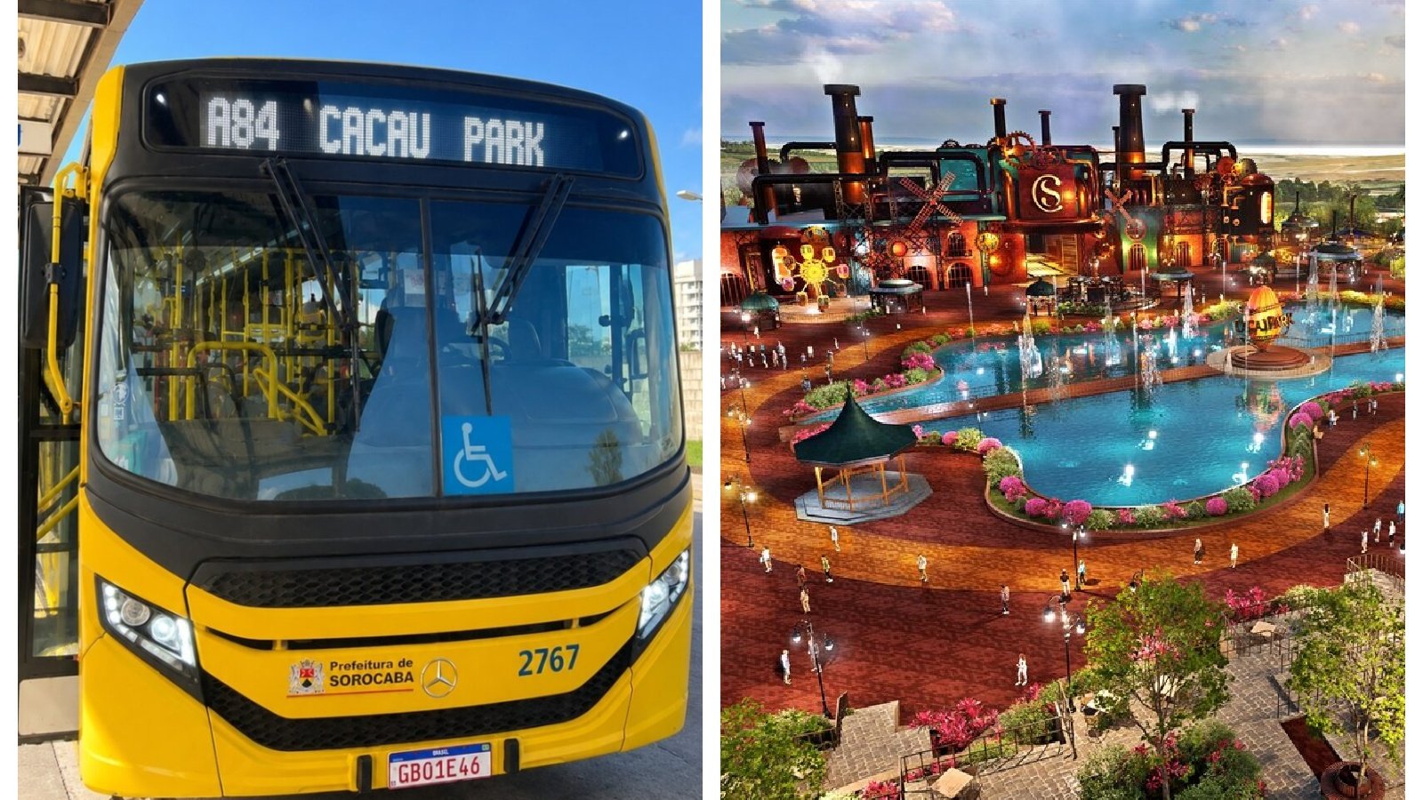 Split image left shows a yellow city bus with wheelchair accessibility sign destination sign reads A CACAU PARK right shows a colorful outdoor amusement park with fountains and a roller coaster