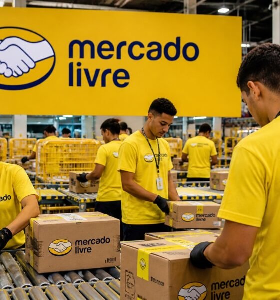 Warehouse workers in yellow Mercado Livre shirts seal and label cardboard boxes on a packaging line in a busy fulfillment center