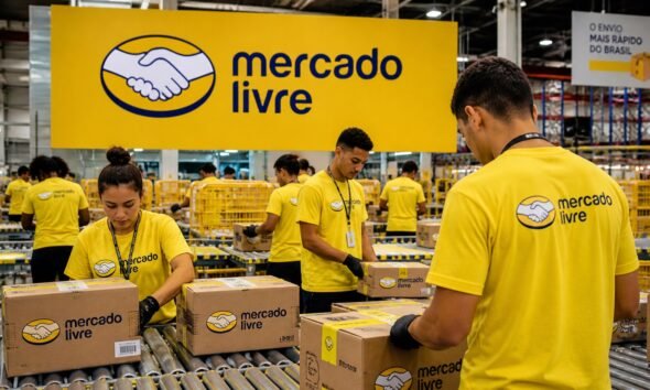 Warehouse workers in yellow Mercado Livre shirts seal and label cardboard boxes on a packaging line in a busy fulfillment center