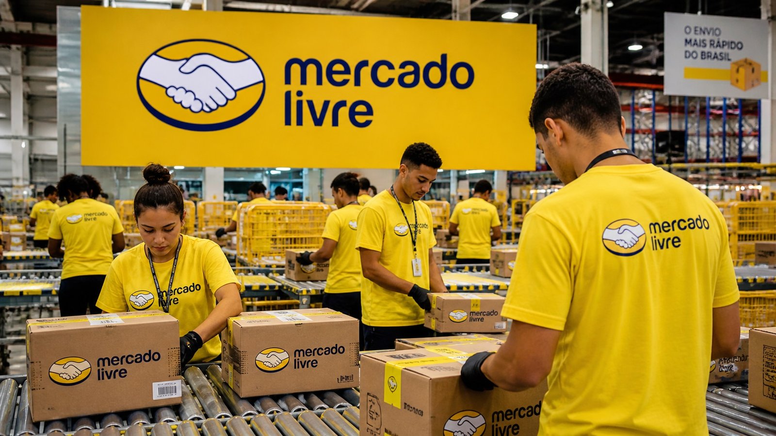 Warehouse workers in yellow Mercado Livre shirts seal and label cardboard boxes on a packaging line in a busy fulfillment center