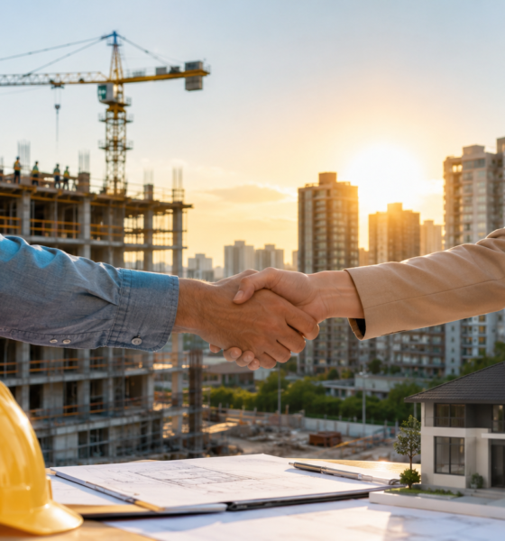 Handshake between a construction worker in an orange safety vest and a businesswoman at a building site with a model house and blueprints on the table