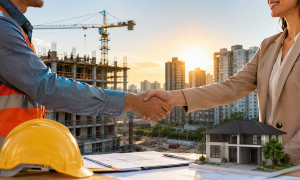 Handshake between a construction worker in an orange safety vest and a businesswoman at a building site with a model house and blueprints on the table
