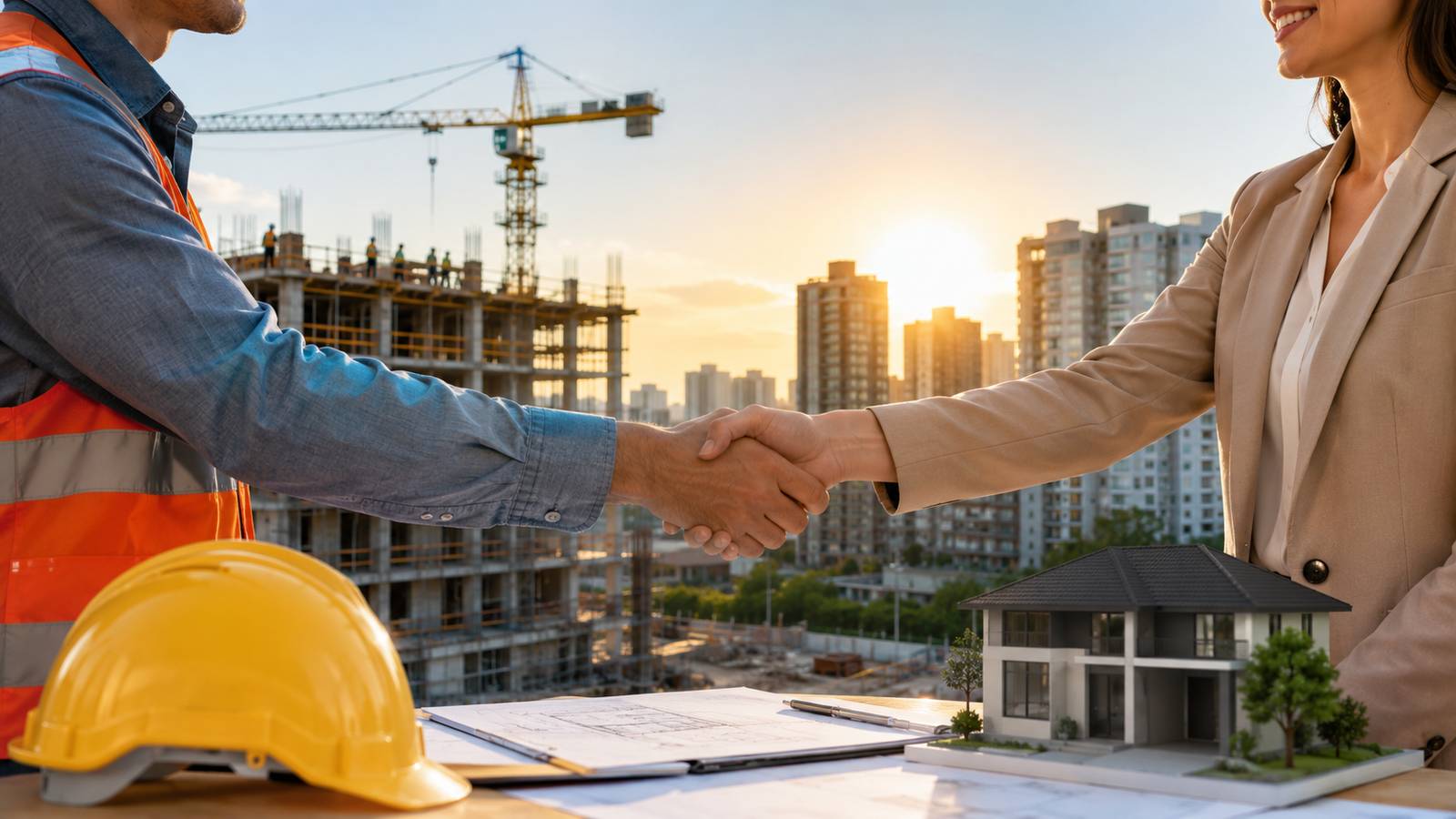 Handshake between a construction worker in an orange safety vest and a businesswoman at a building site with a model house and blueprints on the table