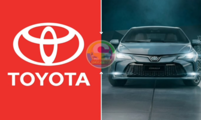 Split banner red left panel with white Toyota logo right panel shows a front angle view of a silver Toyota Corolla against a dark backdrop
