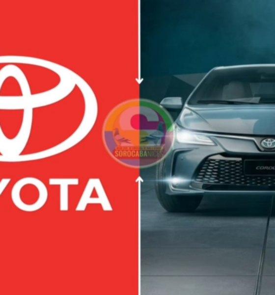 Split banner red left panel with white Toyota logo right panel shows a front angle view of a silver Toyota Corolla against a dark backdrop