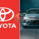 Split banner red left panel with white Toyota logo right panel shows a front angle view of a silver Toyota Corolla against a dark backdrop
