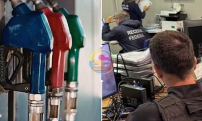 Side by side fuel pump nozzles blue red and green on the left federal tax agents at desks with computers on the right