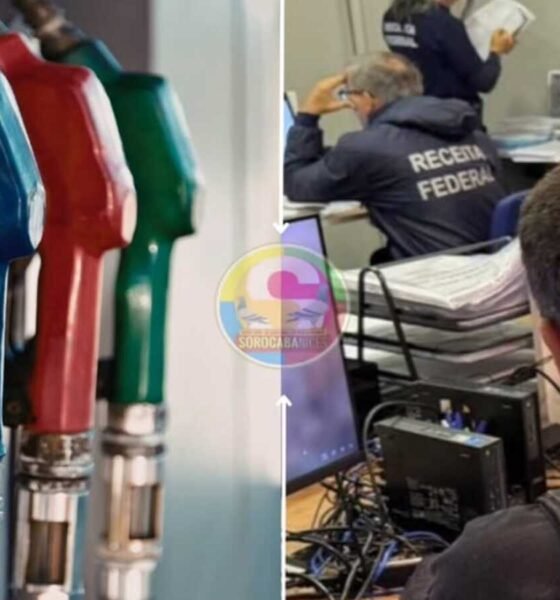 Side by side fuel pump nozzles blue red and green on the left federal tax agents at desks with computers on the right