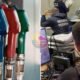 Side by side fuel pump nozzles blue red and green on the left federal tax agents at desks with computers on the right