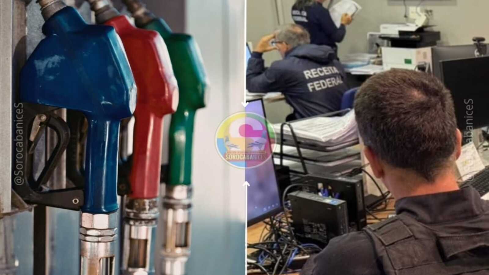 Side by side fuel pump nozzles blue red and green on the left federal tax agents at desks with computers on the right