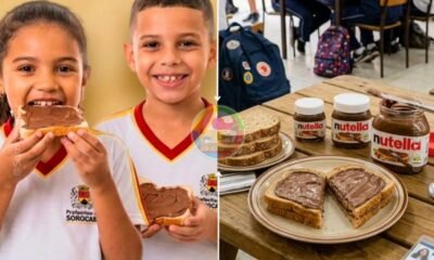 Split image left shows two smiling children in school uniforms eating Nutella topped sandwiches right shows a wooden table with Nutella jars stacked bread and Nutella topped toast Ensure the context emphasizes a snack scene at school informative