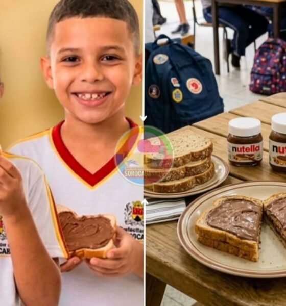 Split image left shows two smiling children in school uniforms eating Nutella topped sandwiches right shows a wooden table with Nutella jars stacked bread and Nutella topped toast Ensure the context emphasizes a snack scene at school informative