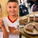 Split image left shows two smiling children in school uniforms eating Nutella topped sandwiches right shows a wooden table with Nutella jars stacked bread and Nutella topped toast Ensure the context emphasizes a snack scene at school informative