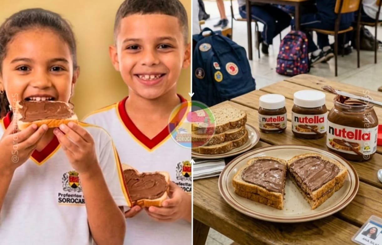 Split image left shows two smiling children in school uniforms eating Nutella topped sandwiches right shows a wooden table with Nutella jars stacked bread and Nutella topped toast Ensure the context emphasizes a snack scene at school informative