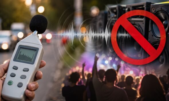 Handheld sound meter aimed at a crowded outdoor concert with a large red no entry symbol over the speakers in the background