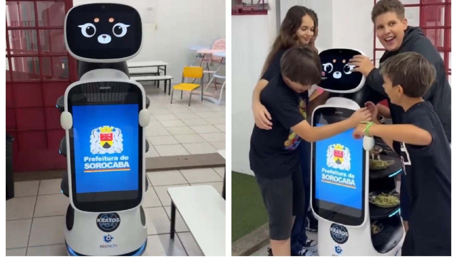 Robot Kratos with touchscreen displaying Prefeitura de Sorocaba logo standing in a classroom setting