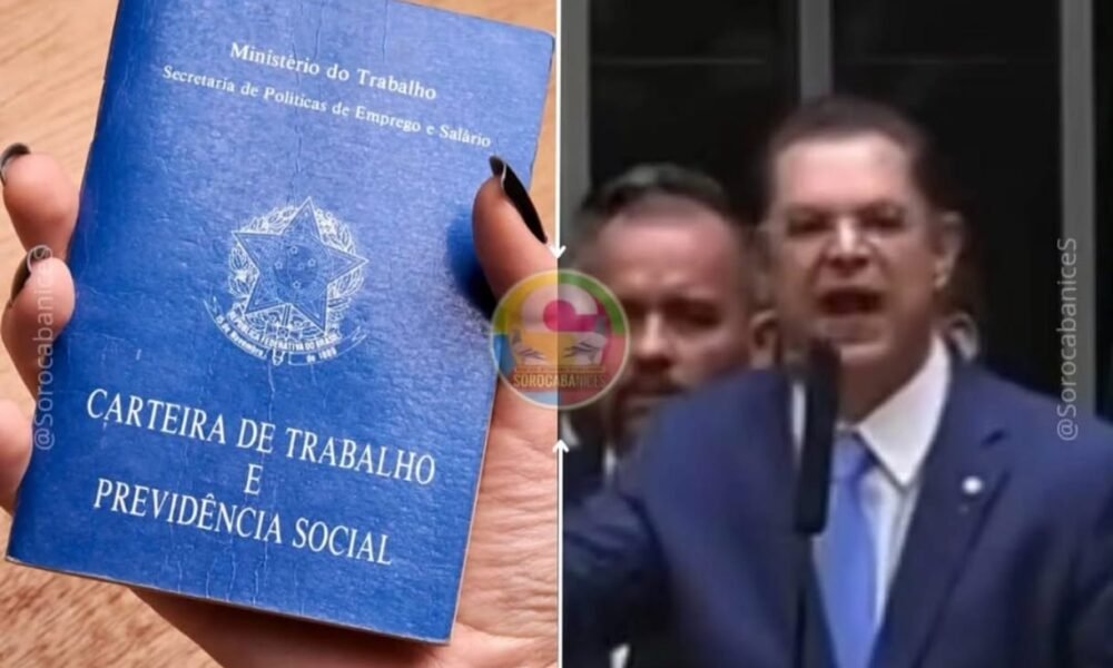 Blue Brazilian work and social security booklet held up, with 'Carteira de Trabalho e Previdência Social' visible on the cover. Left side shows the document, right side shows a man in a suit speaking into a microphone at a podium.