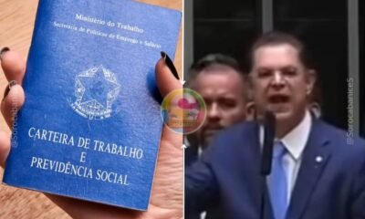 Blue Brazilian work and social security booklet held up with Carteira de Trabalho e Previdência Social visible on the cover Left side shows the document right side shows a man in a suit speaking into a microphone at a podium
