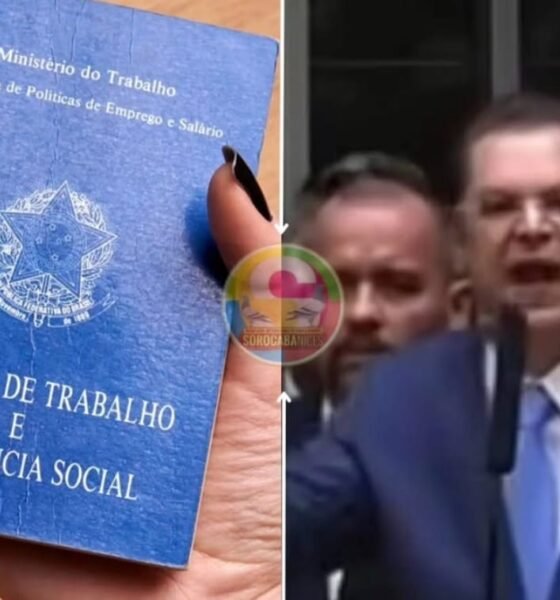 Blue Brazilian work and social security booklet held up, with 'Carteira de Trabalho e Previdência Social' visible on the cover. Left side shows the document, right side shows a man in a suit speaking into a microphone at a podium.