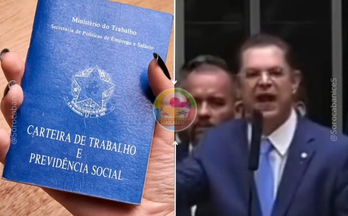 Blue Brazilian work and social security booklet held up with Carteira de Trabalho e Previdência Social visible on the cover Left side shows the document right side shows a man in a suit speaking into a microphone at a podium