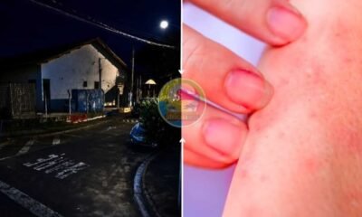 Split image showing a dark urban street at night on the left and a close up of a hand placing a white swab near a persons mouth on the right