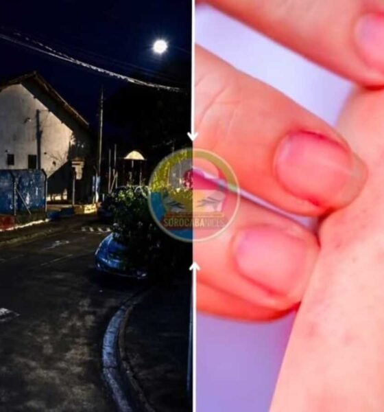 Split image showing a dark urban street at night on the left and a close up of a hand placing a white swab near a persons mouth on the right