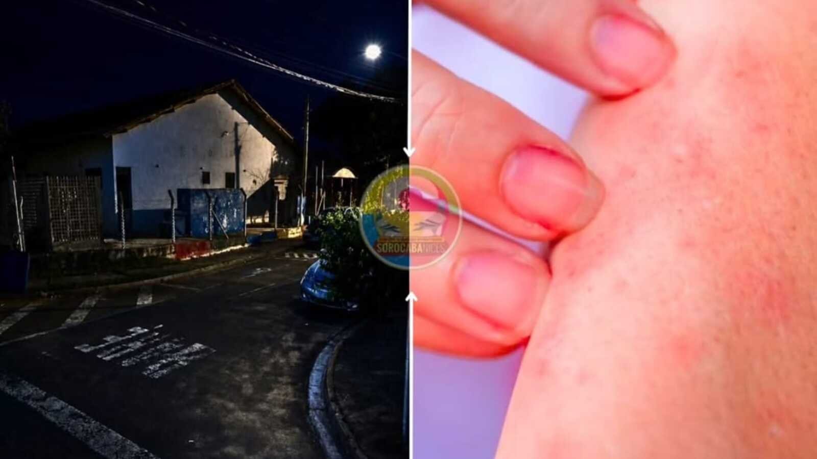 Split image showing a dark urban street at night on the left and a close up of a hand placing a white swab near a persons mouth on the right