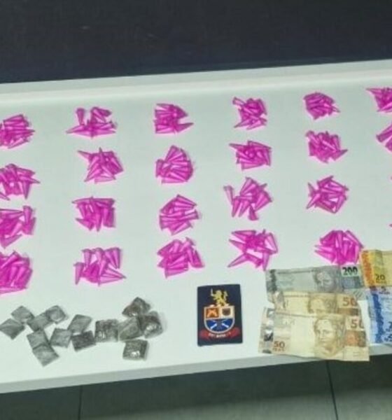 Row of bright pink paper shapes spread on a table with stacks of banknotes coins and a small emblemcrest nearby